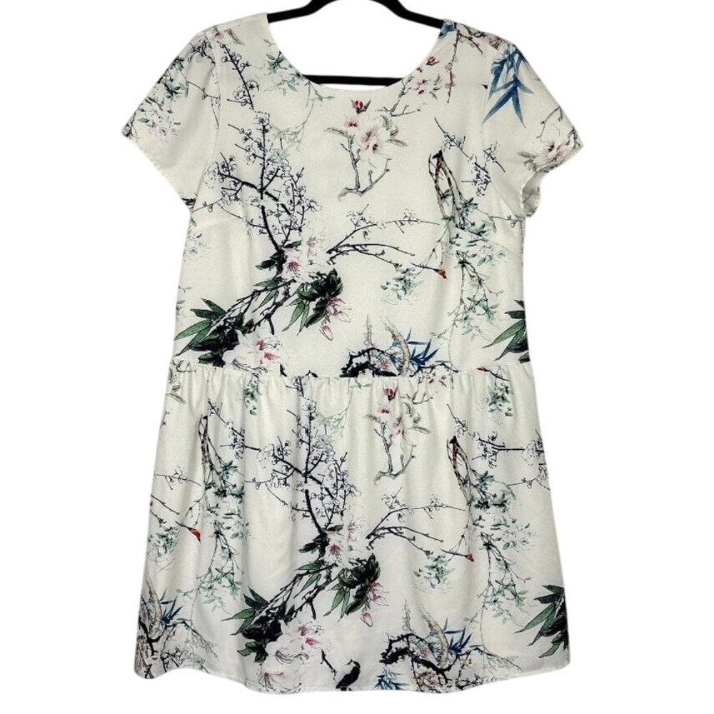 FRNCH Dress Women's Large White Botanical Bird‎ Print Garden Summer Short Sleeve